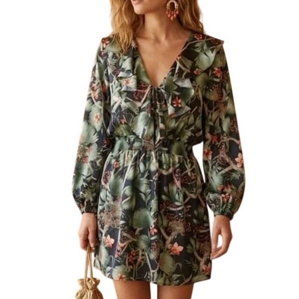 Johanna Ortiz x H&M Tropical Floral Ruffle V-Neck Smocked Mini Dress Womens L